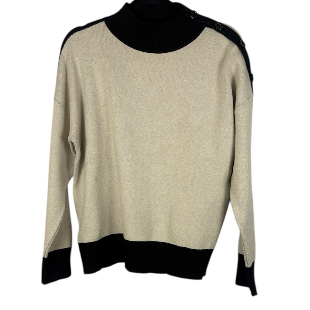 Cynthia Rowley Black Cream Mock Neck Button Detail Large Pullover Sweater